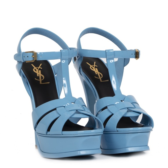 Saint Laurent Shoes - YSL Baby Blue Patent Tribute Platform Heels